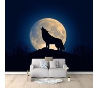 Wall Mural Fantasy Full Moon Wolf Animals Night Sky 300 x 210 cm Luxury Non-Woven Wall Covering - Decoration Photo Wallpaper Picture, Ideal for Living Room Kids Bedroom Home Decor Black