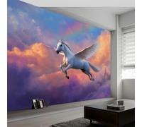 Wall Mural Fantasy Style Photo Wallpaper 450W x 280H cm, Animals Horses Rainbows Castles Non-Woven Mural Wall Art Decoration Poster Picture Design - Wallpaper Modern for Kids Room Living Room Bedroom