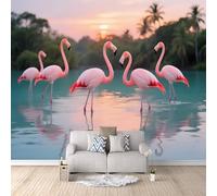 Wall Mural Flamingos Photo Wallpaper 3D Palm Trees On The Beach, Flamingos Wall Mural for Livingroom Bedroom, Non-Woven Wallpaper, Modern Decoration Poster Picture Murals 200 × 140 cm (W x H)