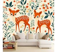 Wall Mural Flowers Animals Sika Deer 300x210 cm Photo Wallpaper, 3D Print Non-Woven Large Poster Mural for Living Room Bedroom TV Sofa Background Family Wall Decor