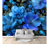 Wall Mural Flowers Paintings Plants Art for Kids Room 300x210 cm, Eco-Friendly Waterproof Wallpaper Photo Mural Wall Decor for Nursery Bedroom Playroom Wall Covering Blue