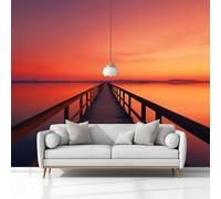 Wall Mural for Bedroom Living Room 350x245 cm, Photo Wallpaper Landscape Wooden Bridge Sunset Red Non-Woven Modern Art Print Decoration Poster Picture for Kids Bedroom