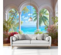 Wall Mural for Bedroom Living Room 368x254 cm, Photo Wallpaper Arch Sea View Palm Trees Non-Woven Modern Art Print Decoration Poster Picture for Kids Bedroom