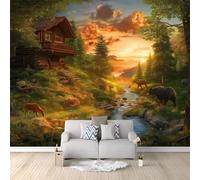 Wall Mural Forest Log Cabin Scenery Fox Photography for Kids Room 300 x 210 cm, Eco-Friendly Waterproof Wallpaper Photo Mural Wall Decor for Nursery Bedroom Playroom Wall Covering Dark Green