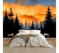 Wall Mural Forest Sunrise Silhouette Mountains Scenery for Kids Room 300 x 210 cm, Eco-Friendly Waterproof Wallpaper Photo Mural Wall Decor for Nursery Bedroom Playroom Wall Covering Camel