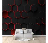 Wall Mural Geometric Honeycomb Black and Red 500x280 cm Photo Wallpaper, 3D Print Non-Woven Mural Wallpaper, for Living Room Bedroom Kids Room TV Sofa Background Family Wall Decor