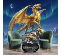 Wall Mural Golden Yellow Photo Wallpaper Mural 250X170Cm,Snowy Mountain Dragon The Magnificent Northern Lights Photo Wallpaper Decor For Living Room,Bedroom,Office And Kids Room,Easy To Install