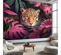 Wall Mural Green Purple Non-Woven Feature Wallpaper Tropical Jungle Leopard Theme Poster Art Large Mural, for Living Room Bedroom Office, Wall Decoration 300x210 cm