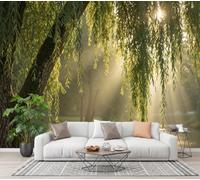 Wall Mural Green Sunshine Riverside Landscape 300X210Cm | Natural Willow Tree Branches Photo Wallpaper, 3D Print Non-Woven Mural Wallpaper For Living Room Bedroom Kids Room Tv Sofa Background