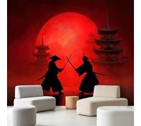 Wall Mural Japanese Anime Modern, Large Panoramic Non-Woven Wallpaper, Samurai Sword Red Sun Tower Photo Mural for Living Room & Bedroom 350 x 256 cm