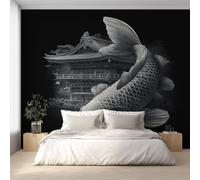 Wall Mural Japanese Koi Wallpaper - Asian Oriental Japanese Photo Wallpaper for Living Room Bedroom, Non-Woven Black Gray Wall Paper Home Decor Art 400x280 cm w6g8