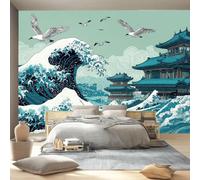 Wall Mural Japanese Minimalism Blue Ocean Waves Ancient Architecture Non-Woven Art Print Photo Wallpaper Decor, Living Room Kitchen Dining Room Kids Bedroom, Wall Mural Wallpaper 400 x 280 cm