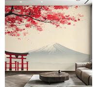 Wall Mural Japanese Mount Fuji Wallpaper - Red Cherry Blossom Torii Photo Wallpaper for Living Room Bedroom, Non-Woven Red Gray Wall Paper Home Decor Art 200x140 cm w6g22