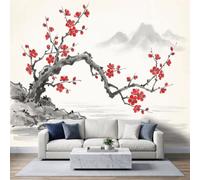 Wall Mural Japanese Traditional Plants Floral Photo Wallpaper, Asian Minimalist Non-Woven Mural - Modern Design Decor Picture Poster Light Grey Wallpaper for Living Room Kids Bedroom 250W x 175H cm