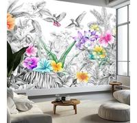 Wall Mural Light Gray Non-Woven Feature Wallpaper Hand Drawn Sketch Tropical Bird Plants Theme Poster Art Large Mural, for Living Room Bedroom Office, Wall Decoration 350x256 cm