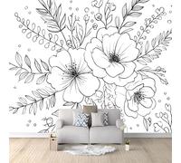 Wall Mural Line Drawing Flowers Plants Ink Outline Hand-Drawn 200x140 cm, High Definition Nature 3D Wallpaper Premium Non-Woven Photo Mural Wall Art Decor for Living Room & Bedroom Wall Covering White