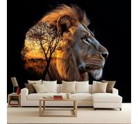 Wall Mural Lion Non-Woven 200x140cm Photo Wallpaper 3D Effect Sunset Grassland Tree Lion Wallpaper Mural Animals Artwork Background Wall Stickers for Living Room Kids Bedroom