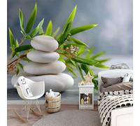 Wall Mural Minimalist Zen Pebble Plant 150 x 105 cm - Premium Non-Woven Large Photo Wallpaper Background, Non-Self-Adhesive Wall Poster Decor for Home Bedroom, Living Room Playroom Grey