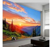 Wall Mural Mountain Scenery Sunrise Forest Nature for Kids Room 350x256 cm, Eco-Friendly Waterproof Wallpaper Photo Mural Wall Decor for Nursery Bedroom Playroom Wall Covering Orange Color