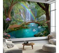 Wall Mural Natural Landscape Swans Rainbow Waterfall 250 x 175 cm - Premium Non-Woven Large Photo Wallpaper Background, Non-Self-Adhesive Wall Poster Decor for Home Bedroom, Living Room Playroom Green