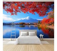 Wall Mural Nature Mount Fuji Snow Peak Leaves Floral, Large Panoramic Non-Woven Wallpaper, Blue Photo Mural for Living Room & Bedroom 300 x 210 cm