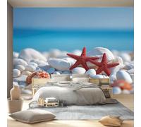 Wall Mural Nature Scenery Blue The Sea Starfish Pebbles Non-Woven Art Print Photo Wallpaper Decor, Living Room Kitchen Dining Room Kids Bedroom, Wall Mural Wallpaper 350 x 256 cm