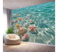 Wall Mural Nature The Ocean Seashells Starfish Print Photo Wallpaper Green Wallpaper for Living Room Bedroom, Non-Woven Decor Wall Paper, Photo Mural Dining Room Hallway Lounge, 400 x 280 cm