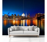 Wall Mural New York Cityscape at Night Brooklyn Bridge 300 x 210 cm Photo Wallpaper, 3D Print Non-Woven Mural Wallpaper, for Living Room Bedroom Kids Room TV Sofa Background Family Wall Decor