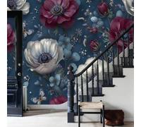 Wall Mural Non-Woven Wallpaper,Anemone and eucalyptus leaf patterns Feature Wall Covering for Living Room Bedroom Office,Flowers Anemone and Butterfly Printed Wall Decor,Paste the Wall,300x210cm