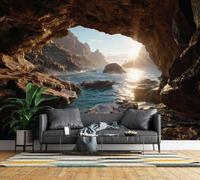 Wall Mural Ocean Sea Cave 3D Photo Wallpaper Non-Woven Matt | Panoramic Mural Wallpaper Waterproof Coastal Sunset Feature Wall Art 250x175 cm for Living Room Bedroom Home Office C100