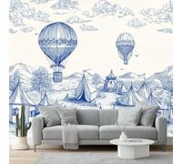 Wall Mural Painted Tent Mountains Hot Air Balloon Print Photo Wallpaper, Blue White Non-Woven Wall Mural Decoration Poster Picture Design 250 x 175 cm (W x H) Wallpaper for Living Room Kids Bedroom