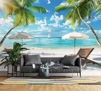 Wall Mural Palm Tree Beach 3D Photo Wallpaper Non-Woven Matt | Panoramic Mural Wallpaper Waterproof Tropical Coastal Feature Wall Art 500x280 cm for Living Room Bedroom Home Office P209