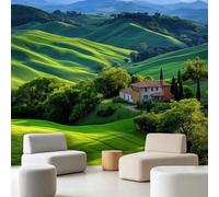 Wall Mural Pastoral Country Style Plants, Large Panoramic Non-Woven Wallpaper, Trees Hills Grassland Houses Photo Mural for Living Room & Bedroom 200 x 140 cm