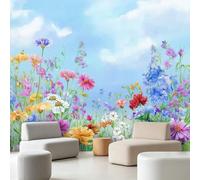 Wall Mural Pastoral Scenery 400 x 280 cm - Flowers Blue Sky White Clouds - Photo Wallpaper Premium Non-Woven 3D Wallpaper, Non-Paste Mural Wall Coverings for Bedroom Living Room TV Backdrop Kitchen