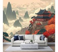 Wall Mural Pavilion Temple Misty Valley 450 x 280 cm Photo Wallpaper, 3D Non-Woven Wallpaper Oriental Chinese Poster Mural for Living Room Bedroom TV Sofa Background Family Wall Art Decor