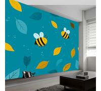 Wall Mural Photo Wallpaper 150 x 105 cm Cartoon Bee Leaf Simple Non-Woven Mural Wallpaper - Living Room Bedroom Kids Room TV Sofa Background Family Wall Decor, Blue