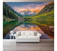 Wall Mural Photo Wallpaper, 3D Art Non-Woven Wall Covering Photography Greenery Mountains Lakes Peaks Large Decoration Poster for Bedroom 300 X 210 Cm