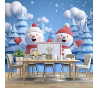 Wall Mural Photo Wallpaper Blue - Cartoon 3D Pine Tree Snowman Pattern Poster Non-Woven Wallpaper for Bedroom Living Room Office, 200 x 140 cm Large 3D Art Print Wall Mural Decorative