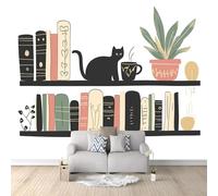 Wall Mural Photo Wallpaper Bohemian Style Bookshelf Books Black Cat 200 x 140 cm Poster Mural HD 3D Print Non-Woven Photo Wallpaper, Modern Living Room Bedroom TV Backdrop Wall Decoration