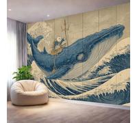 Wall Mural Photo Wallpaper Brown Blue - Retro Waves Cat Blue Whale Pattern Poster Non-Woven Wallpaper for Bedroom Living Room Office, 250 x 175 cm Large 3D Art Print Wall Mural Decorative