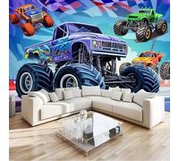 Wall Mural Photo Wallpaper, Cartoon Style Monster Truck Non-Woven 3D Photo Wallpaper, Blue Sofa TV Living Room Background Wallpaper Mural, 250 x 175 cm Wall Decoration Art Wall Sticker Wallpaper
