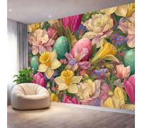 Wall Mural Photo Wallpaper Colorful - Watercolor Flowerbeds Easter Eggs Pattern Poster Non-Woven Wallpaper for Bedroom Living Room Office, 400 x 280 cm Large 3D Art Print Wall Mural Decorative