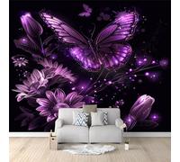 Wall Mural Photo Wallpaper Decoration Purple Butterfly Chrysanthemum Non-Woven Premium Art Print Poster Modern Design 300 x 210 cm Photo Mural for Living Room Bedroom