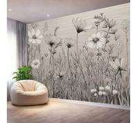 Wall Mural Photo Wallpaper Grey - Retro Wild Grass Wildflowers Pattern Poster Non-Woven Wallpaper for Bedroom Living Room Office, 400 x 280 cm Large 3D Art Print Wall Mural Decorative