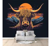 Wall Mural Photo Wallpaper Highland Cow Mountains Moon 250x175 cm Poster Mural HD 3D Print Non-Woven Photo Wallpaper, Modern Living Room Bedroom TV Backdrop Wall Decoration