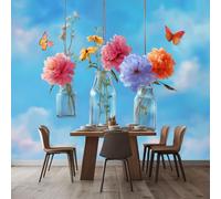 Wall Mural Photo Wallpaper Peony Flowers Butterfly 400x280 cm Modern Poster Mural HD 3D Print Non-Woven Photo Wallpaper, for Living Room Bedroom Kids Room