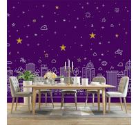 Wall Mural Photo Wallpaper Purple - Cartoon City Stars Lines Pattern Poster Non-Woven Wallpaper for Bedroom Living Room Office, 250 x 175 cm Large 3D Art Print Wall Mural Decorative