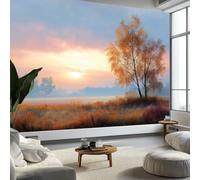 Wall Mural Photography Autumn Morning Meadow Birch Trees 300 x 210 cm Photo Wallpaper, Non-Woven Mural Wallpaper for Living Room Bedroom Kids Room TV Sofa Background Family Wall Decor