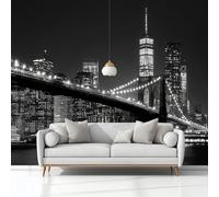 Wall Mural Photography Brooklyn Bridge at Night 300 x 210 cm Photo Wallpaper, Non-Woven Mural Wallpaper, for Living Room Bedroom Kids Room TV Sofa Background Family Wall Decor