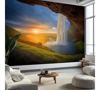 Wall Mural Photography Sunset Iceland Waterfall Grass 300 x 210 cm Photo Wallpaper, Non-Woven Mural Wallpaper - Living Room Bedroom Kids Room TV Sofa Background Family Wall Decor